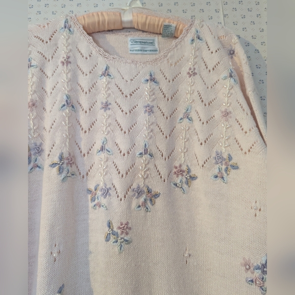🩷 Shenanigans Pink Sweater Pearls Pastel Embroidery Raimie Cotton Crochet Knit - Picture 1 of 16